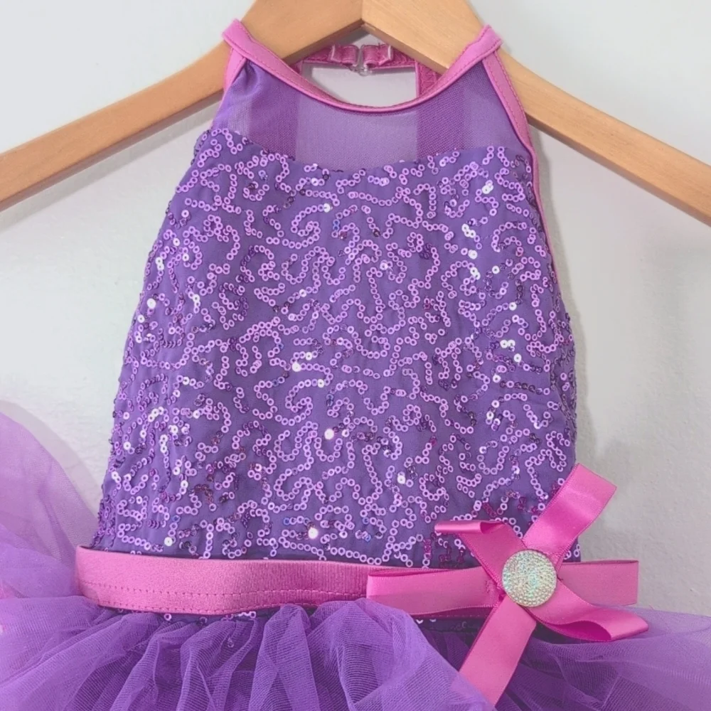 New Weissman Purple Pink Sequin Tutu Dance Costume Ruffle Skirt Halter Top XS